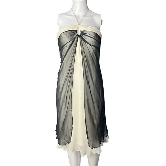 WHBM SILK Chiffon Halter Formal Knee Length Dress Ivory & Black Size 6 - Picture 1 of 7